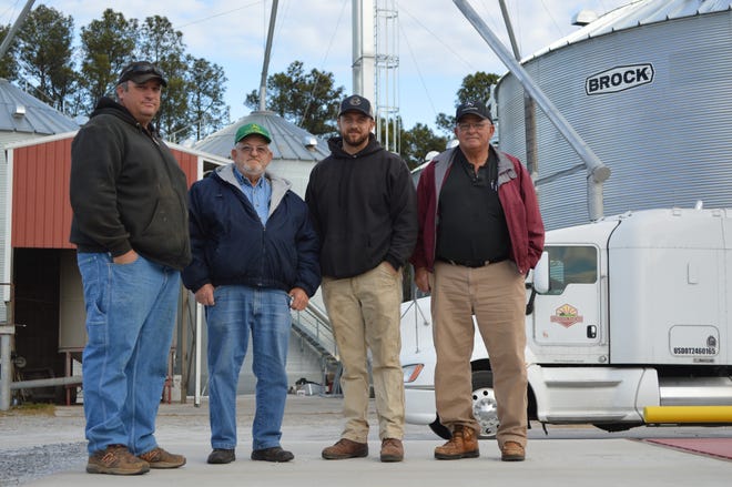 Three generations of Greenes stand by the new grain scales at their family farm on New House Road, near Lattimore. Shown, from left, are Steve Greene, Randall Greene, Andrew White and Phillip Greene. [Special to The Star]