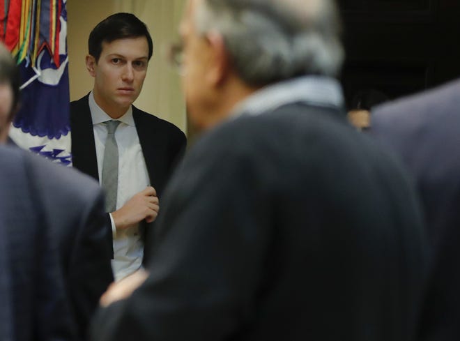 In this Jan. 24, 2017 file photo, White House Senior Adviser Jared Kushner arrives for a meeting between President Donald Trump and automobile leaders in the Roosevelt Room of the White House in Washington. THE ASSOCIATED PRESS