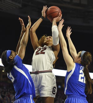 South Carolina forward A'ja Wilson (22) was selected to The Associated Press NCAA college basketball women's All-America first team on Monday. [AP FILE]