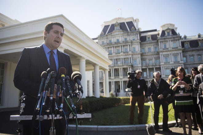 Rep. Devin Nunes, R-Calif., seen speaking with reporters outside the West Wing of the White House, has emerged as one of President Donald Trump’s most tenacious allies on Capitol Hill. JABIN BOTSFORD/WASHINGTON POST