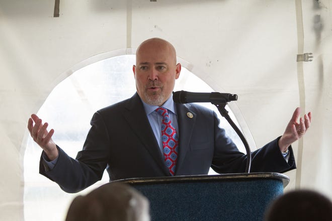 Congressman Tom MacArthur addresses guests at the 99th Regional Support Command's groundbreaking ceremony for the new Joint Base McGuire-Dix-Lakehurst Army Reserve Center Saturday, March 18th, 2017.