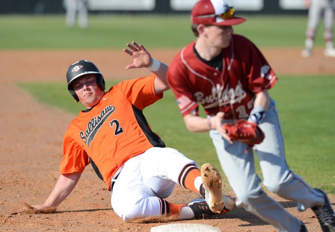 Sallisaw's Dru Didway, right, slides safely into third base for a steal against Muldrow on Monday, March 20, 2017 in Sallisaw. [BRIAN D. SANDERFORD/TIMES RECORD]