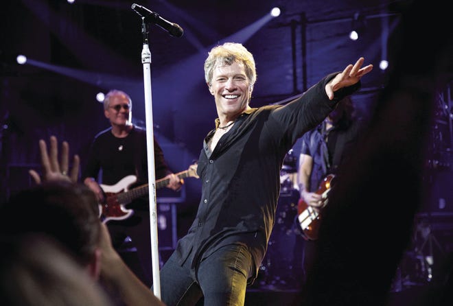 Bon Jovi, here performing at Broadway's Barrymore Theater in New York in October, is playing a mix of old and new material during its "This House Is Not For Sale" tour.