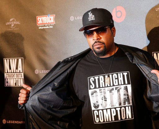 FILE - In this Aug. 24, 2015 file photo, U.S music producer and rapper O'Shea Jackson, also known by his stage name Ice Cube poses in Paris. The Library of Congress announced Wednesday, March 29, 2017, that N.W.A’s album, “Straight Outta Compton,” would be preserved for posterity. The library selects 25 recordings every year for the registry in recognition of their historical, artistic or cultural significance. (AP Photo/Christophe Ena, File)