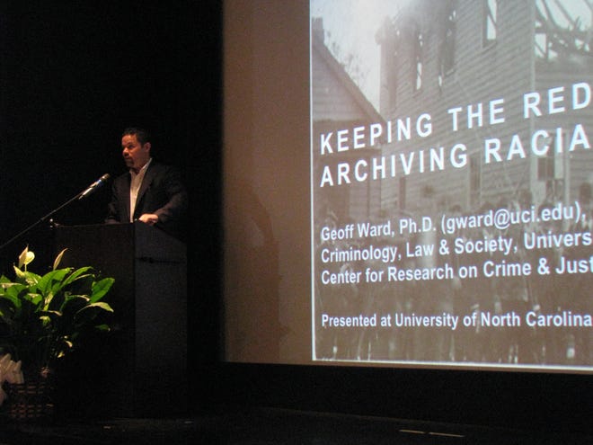 Geoff Ward is a descendant of the Wilmington massacre of 1898. The University of California, Irvine professor is currently continuing research started in 1895 by African-American journalist Ida B. Wells. Her pamphlet titled, "A Red Record" provides data and analysis of racial violence, specifically the lynchings of blacks. Ward is extending that archive and presented his research at UNCW. [ELIZABETH MONTGOMERY/STARNEWS]