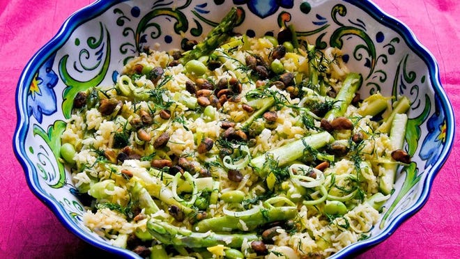 Spring Green Pilaf, with asparagus, edamame and leeks, in a bowl. (Darrell Sapp/Pittsburgh Post-Gazette/TNS)