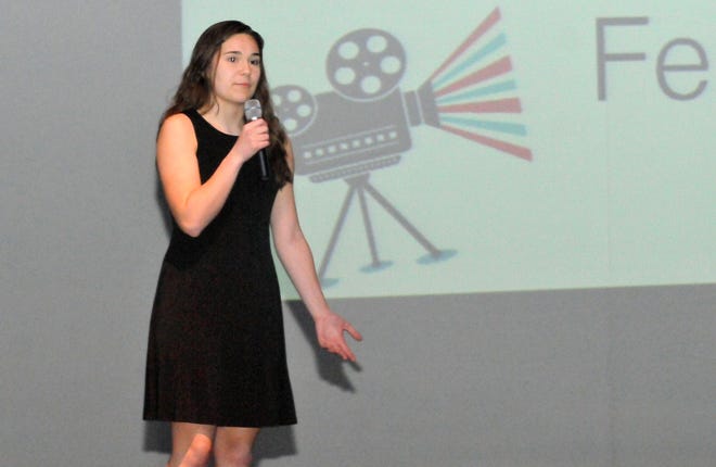 Senior Blaire Brinster talks about her film onstage during a documentary festival at Shawnee High School in Medford on Wednesday, March 29, 2017.