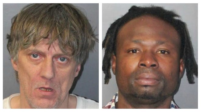 From left, Robert John Tatro, 53, and Dikens Des Sanon, 28, of Brockton, were charged with attempted breaking and entering during the day with intent to commit a felony, disorderly conduct and disturbing the peace, in Brockton, Wednesday, March 29, 2017.