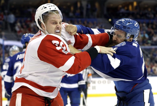 Tampa Bay Lightning defenseman and Holland native Luke Witkowski, right, and Detroit Red Wings right wing Anthony Mantha (39) fight during the first period of an NHL hockey game Thursday, March 30, 2017, in Tampa, Fla. (AP Photo/Chris O'Meara)
