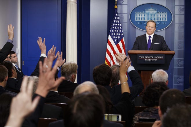 White House press secretary Sean Spicer listens to a question during the daily press briefing, Thursday, March 30, 2017, at the White House in Washington. THE ASSOCIATED PRESS