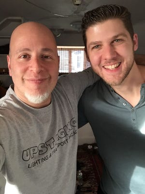 From left, music producer and guitarist Rich Spillberg and Middletown musician Ryan Tremblay pose for a selfie in The Point Recording Studios in Providence.