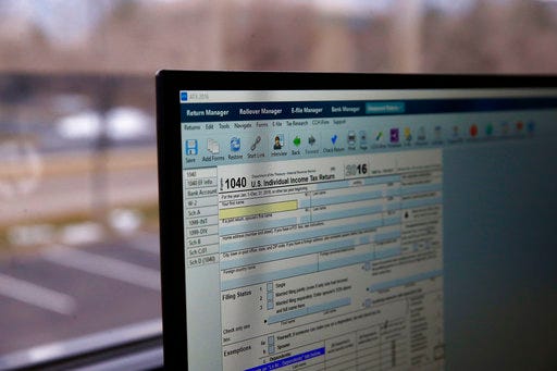 In this Jan. 14, 2017, photo, an online tax form is displayed on a computer at the offices of tax preparation firm Infinite Tax Solutions, in Boulder, Colo. March and April are the peak months for Chapter 7 bankruptcy filings. Attorneys say the reason is clear: More consumers need the influx of cash from their tax refund to pay for bankruptcy. Americans’ slim savings accounts and reliance on tax refunds for big expenses may explain why. (AP Photo/Brennan Linsley)