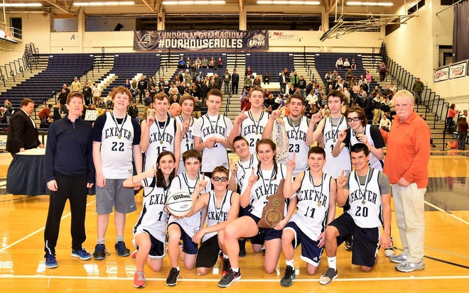 Members of the Exeter High School coed Unified basketball team pose following their 45-31 win over Berlin for Saturday's NHIAA state championship at Lundholm Gymnasium in Durham. The top-seeded Blue Hawks finished undefeated at 12-0. Nick Perlowski scored 21 points to pace Exeter and Scott Gillis chipped in 14. Other team members included Adam Gray, Steven Machala, Bayzil Moreau, Colin Murphy, Aiden Pratt, Cole Gray, Jeremy Hillman, Darci Joyce, Chris Loch, Nicolas Plourde, Blake Richards, Ethan Roblee and Kate Pigsley. The team was coached by Sharon Orchard and Bill Ball. [Sandy Healy Photo]
