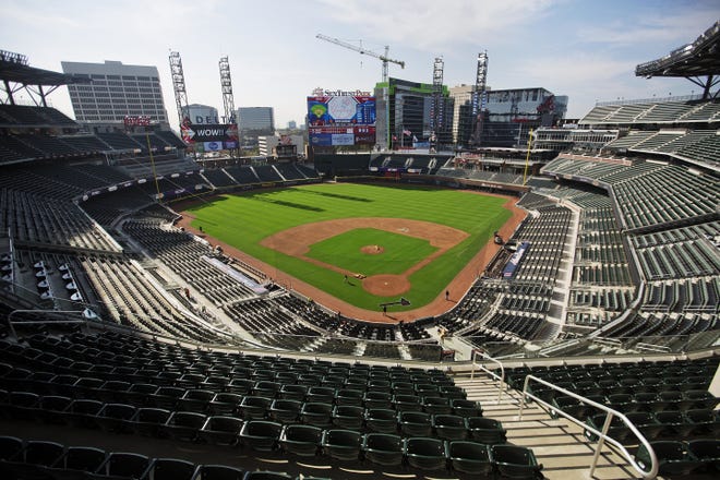 A view from the press box of SunTrust Park, the Atlanta Braves' new baseball stadium. The ballpark looks like a throwback stadium with its green seats, brick walls and its old-school, intimate feel. That's from an initial glance inside the park. Beyond the stadium walls sits the real wow factor that could be a game-changer for the industry. [AP Photo/David Goldman]