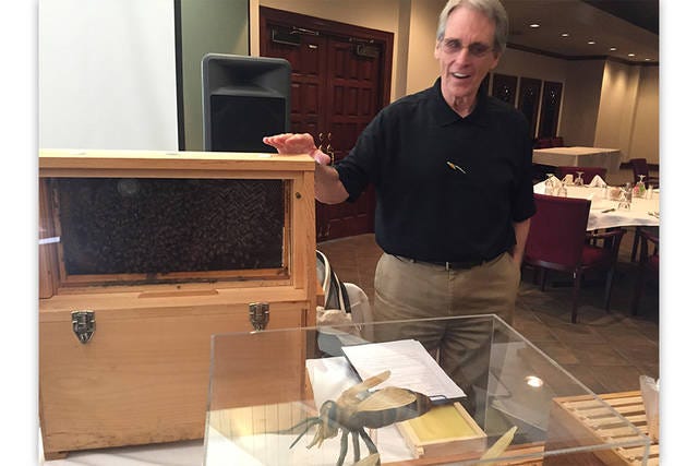 BEE STUFF — Phillip Davis gives a presentation on beekeeping. He’s pictured with a frame of bees, including the queen, and large-scale replicas of the three types of bees — queen, drone and worker — fashioned by Liberty’s Joe Morgan. (Annette Jordan / The Courier-Tribune)