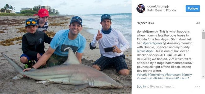 Donald Trump Jr., center, poses with the shark. [INSTAGRAM]