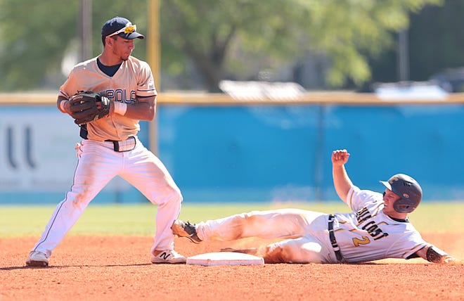 Gulf Coast's Josh Nowak is forced at second base as Chipola infielder Jose Caballero takes a throw from shortstop Trey Dawson, not pictured. Caballero drove in six runs as Chipola overpowered Gulf Coast 15-5 on Friday. [Patti Blake | The News Herald]