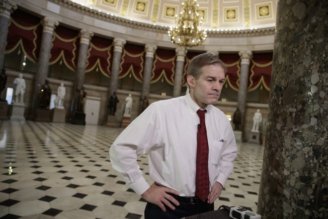 Rep. Jim Jordan, R-Ohio, a key member and founder of the conservative Freedom Caucus, arrives for a TV interview on Capitol Hill in Washington on Thursday as the GOP's long-promised legislation to repeal and replace "Obamacare" comes to a showdown vote. [J. SCOTT APPLEWHITE / ASSOCIATED PRESS]