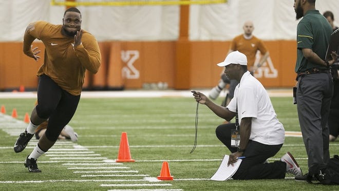 Texas’ Paul Boyette Jr. runs agility drills as he joins a host of Texas players who participated in the Texas Football 2017 Pro Day held Tuesday March 28, 2017 at the team practice bubble. RALPH BARRERA/AMERICAN-STATESMAN