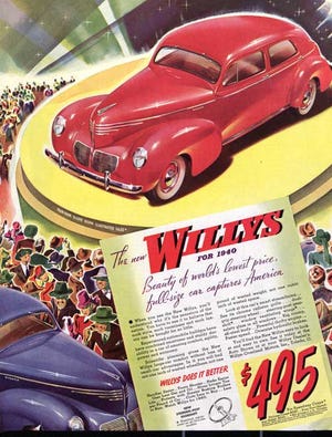 The 1941 Willys Coupe and Sedan were not expensive vehicles, with $495 putting one in your driveway. The cars were eventually scooped up by drag racers, which to this day compete on the nation’s dragstrips. (Advertisement compliments of Jeep division of Fiat/Chrysler)
