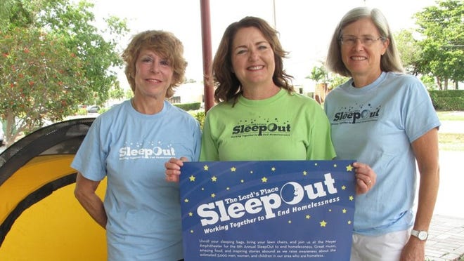 Pamela McIver, of Palm Beach; Diana Stanley, CEO of The Lord s Place; Cornelia Thornburgh, of Palm Beach, during the 2015 SleepOut. This year’s event is from Friday evening to Saturday morning at United Methodist Church of the Palm Beaches, West Palm Beach. Photo courtesy of The Lord’s Place