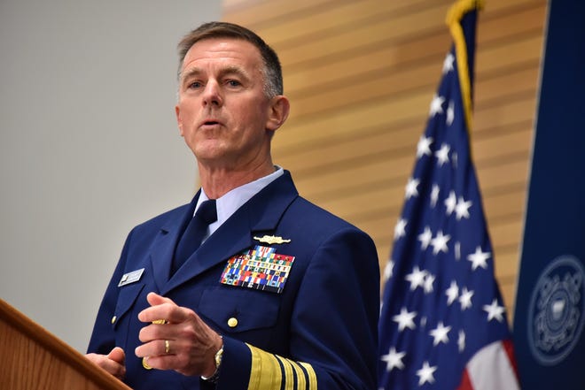 Coast Guard Commandant Adm. Paul Zukunft delivers the 2015 State of the Coast Guard Address at the Ray Evans Conference Center at Coast Guard Headquarters in Washington in 2015. Zukunft laid out a framework to build a 21st Century Coast Guard, capable of meeting the demands of today while preparing for increasingly complex threats in the future. [COURTESY PETTY OFFICER 2ND CLASS PATRICK KELLEY/U.S. COAST GUARD]