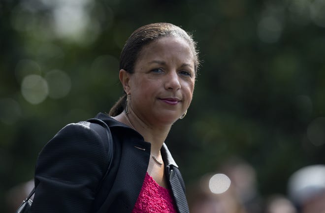 In this July 7, 2016 file photo, then-National Security Adviser Susan Rice is seen on the South Lawn of the White House in Washington. Rice says it's "absolutely false" that the previous administration used intelligence about President Donald Trump's associates for political purposes. THE ASSOCIATED PRESS