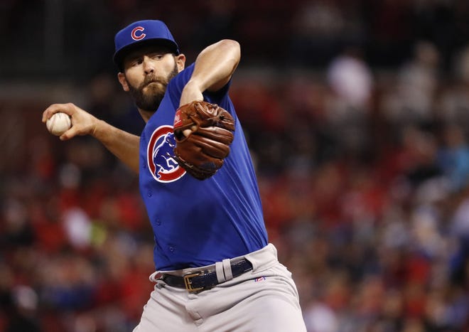 Chicago Cubs starting pitcher Jake Arrieta throws during the first inning of a baseball game against the St. Louis Cardinals Tuesday, April 4, 2017, in St. Louis. (AP Photo/Jeff Roberson)