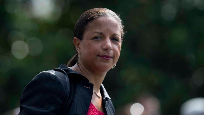FILE - In this July 7, 2016 file photo, then-National Security Adviser Susan Rice is seen on the South Lawn of the White House in Washington. Rice says it’s “absolutely false” that the previous administration used intelligence about President Donald Trump’s associates for political purposes. (AP Photo/Carolyn Kaster, File)