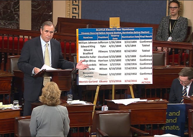 In this frame grab from video provided by Senate Television, Sen. Jeff Merkley, D-Ore. speaks on the floor of the Senate on Capitol Hill in Washington, Wednesday, April 5, 2017. Merkley held the Senate floor through the night and was still going in an attention-grabbing talk-a-thon highlighting his party’s opposition to President Donald Trump’s Supreme Court nominee, Neil Gorsuch. THE ASSOCIATED PRESS