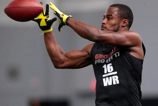 Georgia wide receiver Isaiah McKenzie runs a drill during pro day at the University of Georgia on March 15, 2017. He could be a draft target for the Patriots.