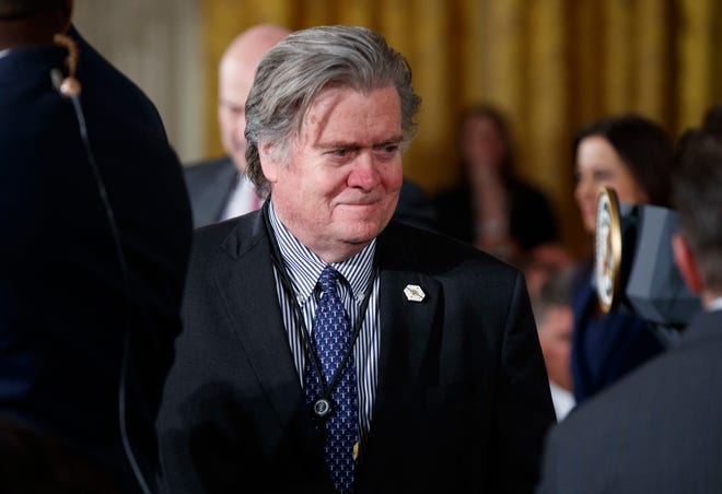 In this March 17, 2017, file photo, White House chief strategist Steve Bannon is seen in the East Room of the White House in Washington. Bannon no longer will be a member of the National Security Council.