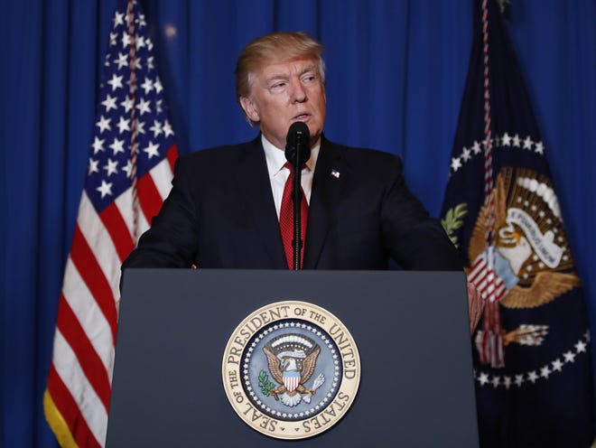 President Donald Trump speaks at Mar-a-Lago in Palm Beach, Fla., Thursday, April 6, 2017, after the U.S. fired a barrage of cruise missiles into Syria Thursday night in retaliation for this week's gruesome chemical weapons attack against civilians. THE ASSOCIATED PRESS