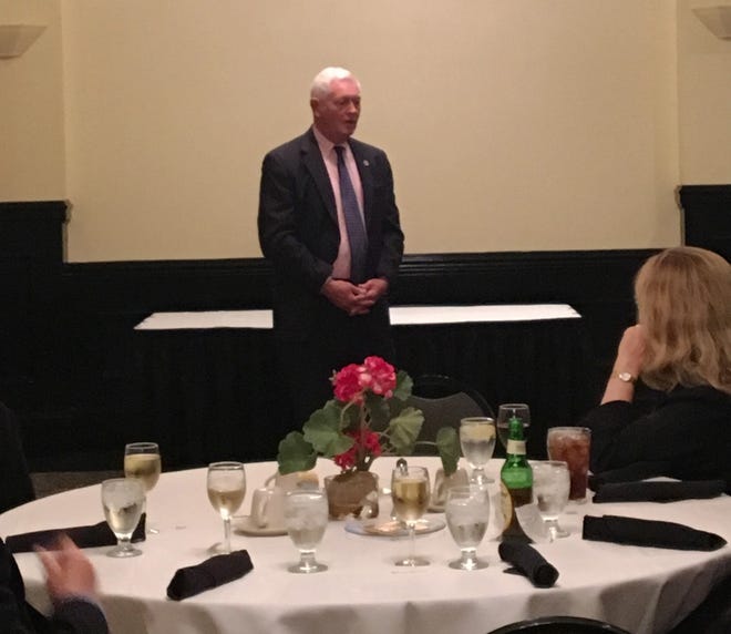 Appeals Court Judge J. Douglas McCullough addresses an evening gathering in New Bern on Wednesday. He was in town to hear appeal cases earlier in the day. [Contributed photo]