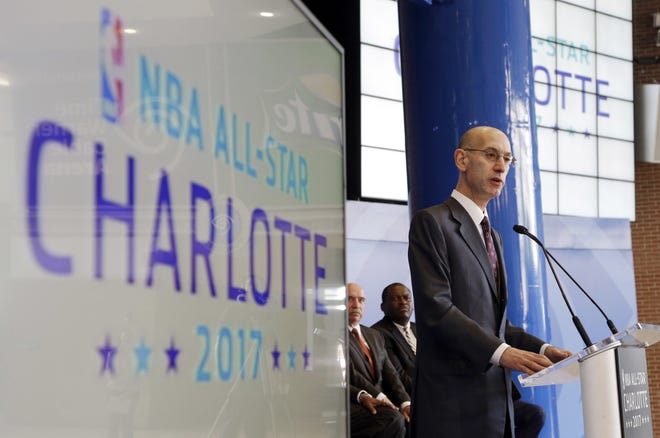 FILE - In this June 23, 2015, file photo, NBA Commissioner Adam Silver speaks during a news conference in Charlotte, N.C., where the league announced that the city would host the 2017 NBA All-Star basketball game. A person with knowledge of the plans says the NBA will discuss whether to bring the 2019 All-Star Game to Charlotte at its Board of Governors meeting this week. The NBA pulled this year's event out of Charlotte and held it in New Orleans instead because of a North Carolina law that limits anti-discrimination protections for lesbian, gay and transgender people. The state recently passed a compromise law on the issue. (AP Photo/Chuck Burton, File)