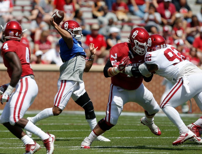 Oklahoma's Kyler Murray throws a pass during the University of Oklahoma's (OU) annual spring football game at Gaylord Family-Oklahoma Memorial Stadium in Norman, Okla., Saturday, April 8, 2017. Photo by Bryan Terry, The Oklahoman