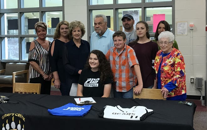 Gray's Creek softball player Sydney Jenkins, seated, signed with Pitt Community College on April 5, 2017 at the high school. [Contributed photo]