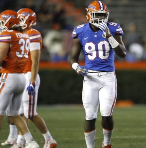 Florida defensive lineman Antonneous Clayton had four solo tackles, including a sack, in Friday's Orange and Blue Debut at Ben Hill Griffin Stadium in Gainesville. [Brad McClenny / Gatehouse Media]