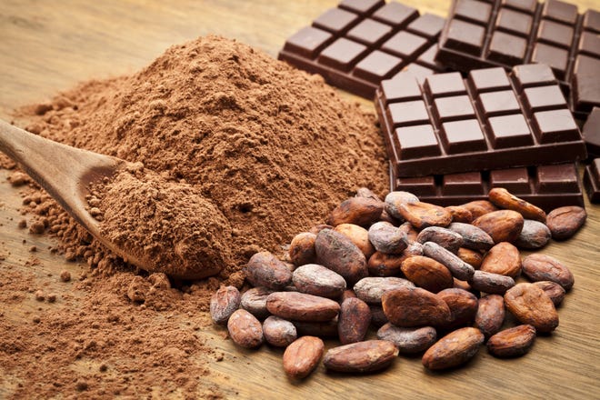 Cocoa beans and cocoa powder with chocolate bars. [ISTOCK]