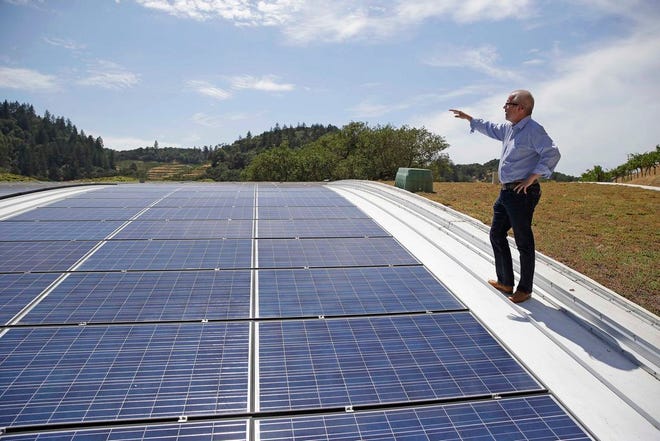 FILE - In this file photo taken July 16, 2014, Christian Oggenfuss stands near solar panels on top of the living roof at the Odette Estate winery in Napa, Calif. (AP Photo/Eric Risberg, File)