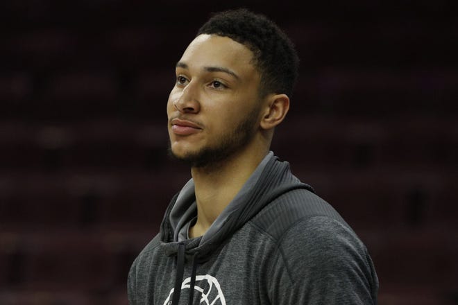 (File) Injured 76ers rookie Ben Simmons looks on during an April 4 home loss to the Nets.