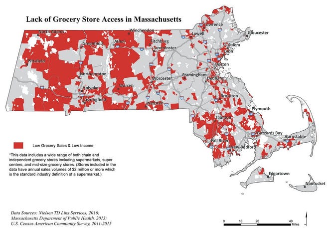 The Massachusetts Public Health Association on Wednesday released a map depicting the state's "grocery gap," or areas with both lower incomes and a lack of fully stocked and accessible grocery stores.