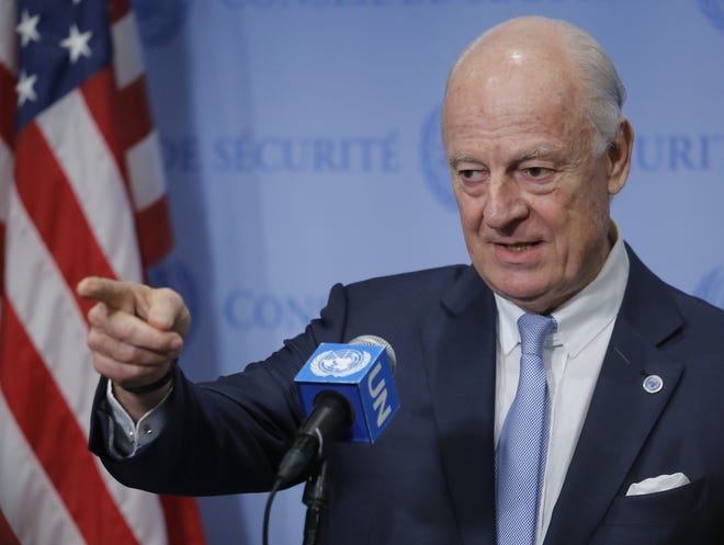 UN Special Envoy for Syria Staffan de Mistura speaks during a news conference after addressing the U.N. Security Council 's meeting on Syria, Wednesday April 12, 2017 at U.N. headquarters. THE ASSOCIATED PRESS