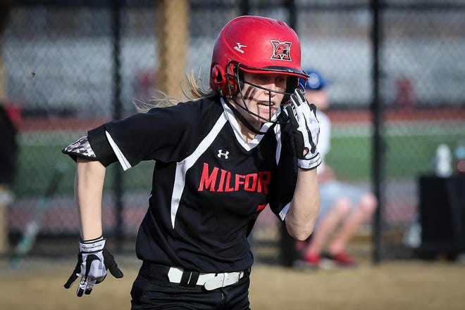 Milford's Kate Irwin, pictured here in the Scarlet Hawks' win over Stoughton on Monday, went 3-for-3 on Wednesday to help Milford win 21-0 (5 inn.) over Canton. [Daily News and Wicked Local File Photo/Dan Holmes]