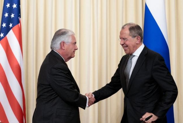 U.S. Secretary of State Rex Tillerson, left, shakes hands with Russian Foreign Minister Sergey Lavrov, after a news conference Wednesday following their talks in Moscow