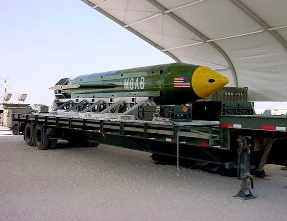 This photo provided by Eglin Air Force Base shows the GBU-43/B Massive Ordnance Air Blast bomb. The Pentagon says U.S. forces in Afghanistan dropped the military's largest non-nuclear bomb on an Islamic State target in Afghanistan. A Pentagon spokesman said it was the first-ever combat use of the bomb, known as the GBU-43, which he said contains 11 tons of explosives. The Air Force calls it the Massive Ordnance Air Blast bomb. Based on the acronym, it has been nicknamed the "Mother Of All Bombs." EGLIN AIR FORCE BASE/AP