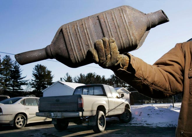 A catalytic converter is seen at Industrial Metal Recycling, Friday, Jan. 26, 2007, in Oakland, Maine. Thieves have long targeted car stereos, air bags, halogen headlights, even pocket change from the ashtrays. But now they are crawling under vehicles and cutting away the catalytic converters for the precious metals inside.  (AP Photo by Robert F. Bukaty)