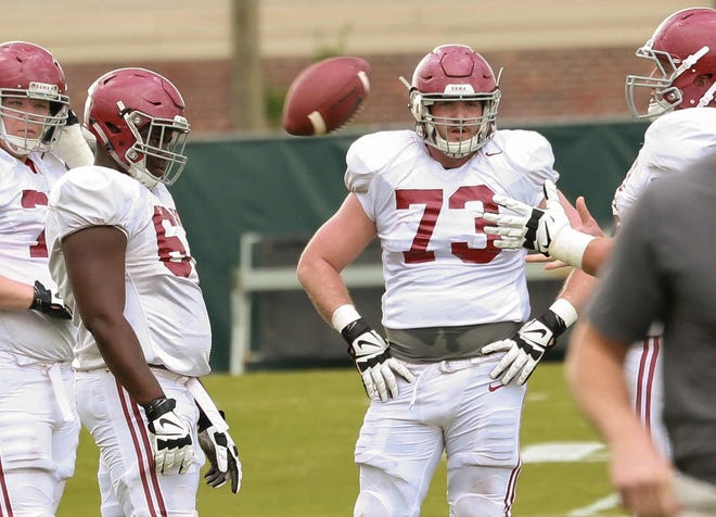 Alabama sophomore Jonah Williams (73) is making the switch from right tackle to left tackle this season, a position where he says he feels more comfortable. [Staff photo/Claudia Marsh]