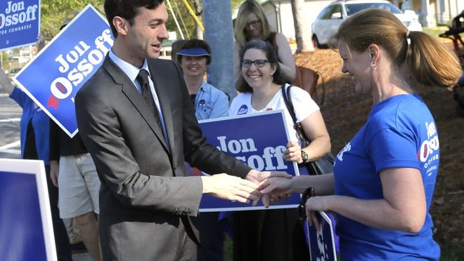 Democrat Jon Ossoff rallied supporters at in Dunwoody, Ga., on Tuesday. Georgia’s special congressional election is at the center of the nation’s political debate. BOB ANDRES /BANDRES@AJC.COM