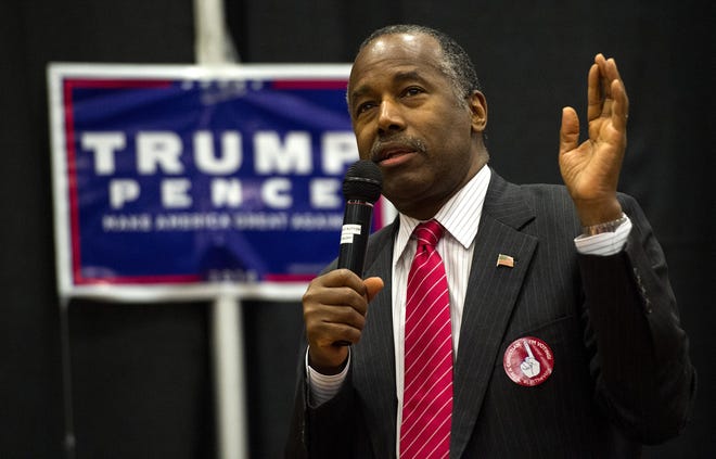 Dr. Ben Carson speaks during a Donald Trump rally on Nov. 4, 2016, at The Classical Academy in Colorado Springs, Colo. [AP FILE]